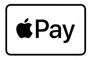 Ein rechteckiges Logo mit schwarzem Umriss, das links das Apple-Logo und rechts das Wort „Pay“ in fettem schwarzen Text zeigt. Der Hintergrund ist weiß.