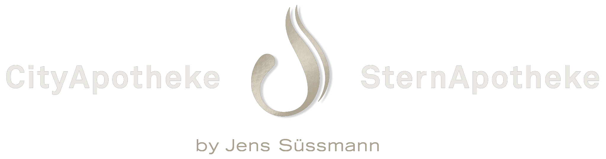 Schwarzer Hintergrund mit links „CityApotheke“, rechts „SternApotheke“ und mittig ein stilisiertes abstraktes Emblem. Darunter steht in kleinerer Schrift „von Jens Süssmann“.