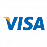 Das Bild zeigt das VISA-Logo mit dem Wort „VISA“ in fetten blauen Buchstaben. Eine kurze, geschwungene orange Linie beginnt über dem „V“ und biegt nach rechts ab, wobei sie den linken oberen Teil des „V“ teilweise ausfüllt. Der Hintergrund ist weiß.