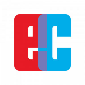 Ein quadratisches Logo mit einem roten Buchstaben „E“ auf der linken Seite, einem blauen Buchstaben „C“ auf der rechten Seite und einem violetten vertikalen Band in der Mitte, wo sie sich überlappen. Das Design ist modern und schlicht, wobei die Buchstaben so stilisiert sind, dass sie einen Teil der Form teilen.