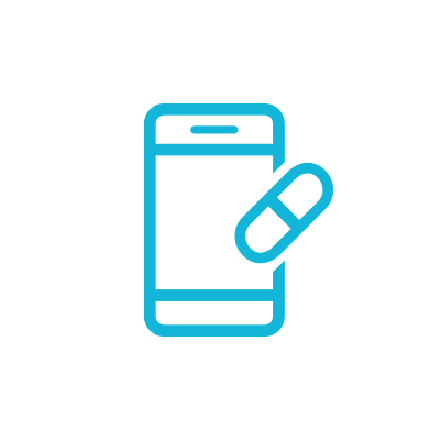 Ein einfaches blaues Umrisssymbol stellt ein Smartphone mit einer Pillenkapsel daneben dar und symbolisiert das Konzept der digitalen Gesundheit bzw. mobiler Gesundheitsanwendungen im Zusammenhang mit Medikamenten.