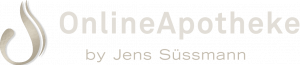 Logo der OnlineApotheke von Jens Süssmann mit kursivem Text und einem stilisierten Tropfensymbol auf der linken Seite. Der Text ist weiß und steht auf einem dunklen Hintergrund.
