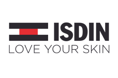 Logo von ISDIN, einer Hautpflegemarke. Das Logo besteht aus einem geometrischen Design in Schwarz, Weiß und Rot auf der linken Seite, mit dem Text „ISDIN“ in fetten schwarzen Buchstaben und „LOVE YOUR SKIN“ in kleineren, schwarzen Großbuchstaben darunter.