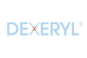 Das Bild zeigt das Wort „DEXERYL“ in hellblauen Buchstaben mit einem stilisierten „X“, das aus blauen Punkten und einem roten Punkt in der Mitte besteht. Oben rechts neben dem Wort befindet sich ein eingetragenes Markensymbol (®). Der Hintergrund ist weiß.