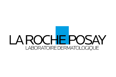 Logo von La Roche-Posay, mit dem Markennamen in schwarzen Großbuchstaben und darunter in kleinerer Schrift „Laboratoire Dermatologique“. Ein blauer rechteckiger Block teilt den Markennamen in der Mitte. Der Hintergrund ist weiß.