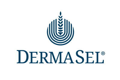 Das DermaSel-Logo zeigt eine stilisierte Grafik eines einzelnen Weizenhalms in konzentrischen Kreisen über dem Markennamen „DermaSel“ in fetter, blauer Schrift.
