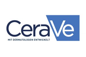 Das Bild zeigt das CeraVe-Logo mit „Cera“ in dunkelblauer Schrift und „Ve“ in weißer Schrift in einer blauen Trapezform. Unter dem Logo befindet sich ein kleinerer Text auf Deutsch mit dem Text „MIT DERMATOLOGEN ENTWICKELT.“.