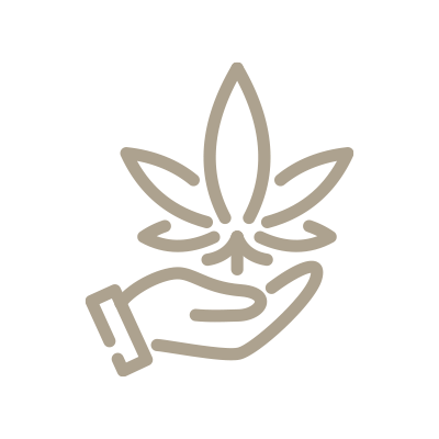 Eine beige Strichzeichnung auf grünem Hintergrund zeigt eine nach oben gerichtete, offene Handfläche, die ein stilisiertes Blatt mit fünf spitzen Segmenten hält, als Symbol für Fürsorge und Natur.