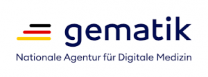 Das Logo der gematik, der Nationalen Agentur für Digitale Medizin, besteht aus drei horizontalen Linien in Schwarz, Rot und Gelb, gefolgt vom Namen „gematik“ in dunkelblauen Kleinbuchstaben. Darunter steht „Nationale Agentur für Digitale Medizin“. Das E-Rezept ist da!