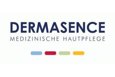 Logo von Dermasence, einer medizinischen Hautpflegemarke, die sich auf Hautgesundheit spezialisiert hat. Der Text „DERMASENCE Medizinische Hautpflege“ wird in fetter Schrift angezeigt, mit fünf Farbbalken (blau, rot, grün, gelb und grau), die horizontal unter dem Text angeordnet sind. Der Hintergrund ist weiß.