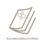 Symbol einer Zeitschrift mit einem medizinischen Kreuz und einem Dollarzeichen über dem Wort „Kundenzeitschriften“. Symbol und Text sind beige auf schwarzem Hintergrund und repräsentieren die City Apotheke Neu-Isenburg.