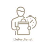 Eine einfache Strichzeichnung zeigt eine Person, die ein Klemmbrett hält, hinter dem eine Uhr zu sehen ist. Darunter steht das Wort „Lieferdienst“, das auf den effizienten Lieferdienst der City Apotheke Neu-Isenburg hinweist.