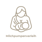 Eine minimalistische Strichzeichnung einer Person, die ein Baby umarmt, mit dem Wort „Milchpumpenverleih“ darunter, präsentiert von der City Apotheke Neu-Isenburg.