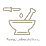 Ein Symbol mit einem Mörser und Stößel, über denen eine Pipette einen Flüssigkeitstropfen abgibt. Unter dem Bild steht der Text „Rezepturherstellung“, was auf Englisch „Rezeptzubereitung“ oder „Zusammensetzen“ bedeutet und für die präzise Sorgfalt der City Apotheke Neu-Isenburg steht.
