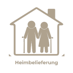 Ein minimalistisches Haussymbol mit Senioren. Unter dem Symbol wird der Text „Heimbelieferung“ angezeigt.