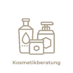 Ein Symbol von verschieden Kosmetikgefäßen, dargestellt durch einfache Linien. Unter dem Symbol steht auf Deutsch „Kosmetikberatung" zum Thema Serviceleistungen der Stern-Apotheke Kosmetikberatung