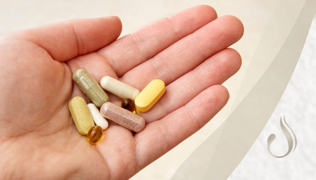 Nahrungsergänzungsmittel in einer Hand zum Thema Welche Supplements sind sinnvoll.